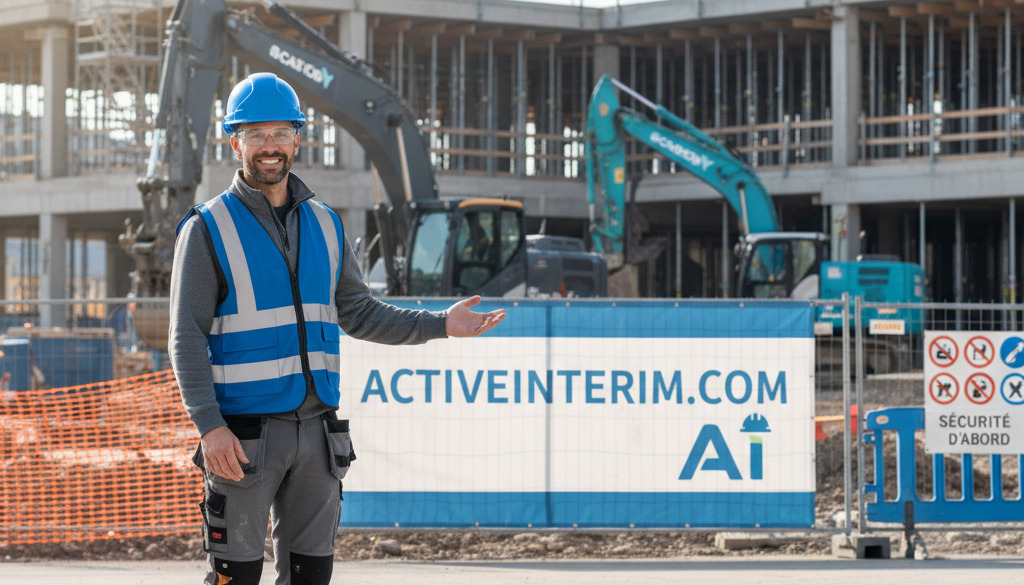 Travailleur détaché souriant et équipé sur un chantier sûr.