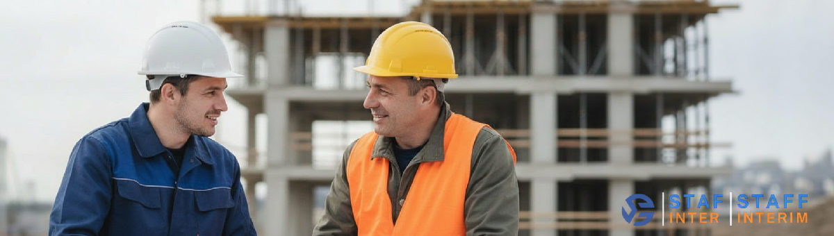 Chef de chantier et travailleur discutent d'un plan, intégration réussie.