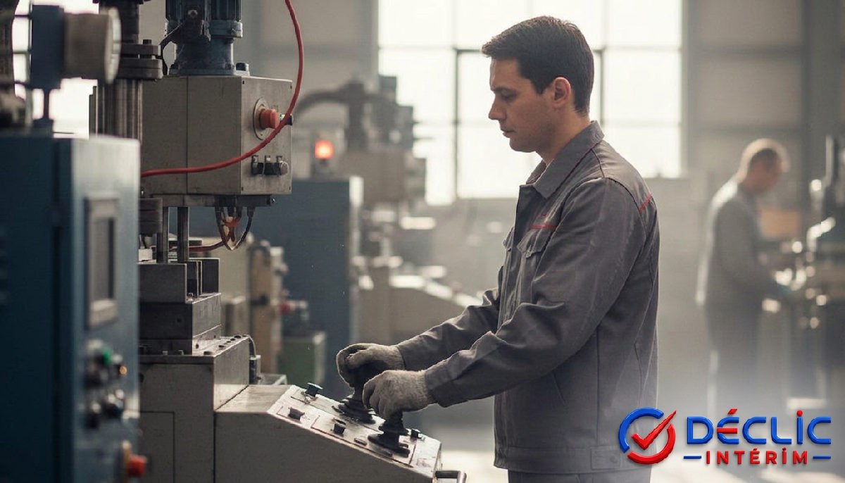 Technicien roumain opérant une machine industrielle complexe en usine.