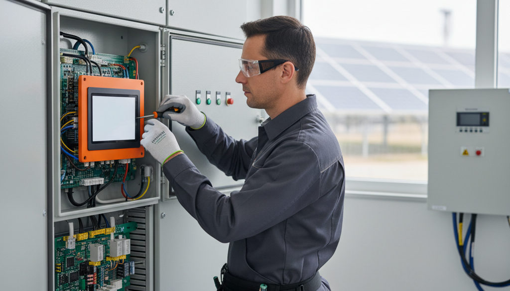 Technik společnosti Nelumbo provádí odbornou montáž a konfiguraci inteligentního řídicího modulu pro fotovoltaickou elektrárnu s důrazem na preciznost a kvalitu. Alt text: Odborná instalace systému pro obchodování na spotu od společnosti Nelumbo.