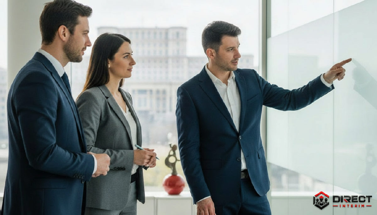 Des employés collaborant dans un bureau moderne.
