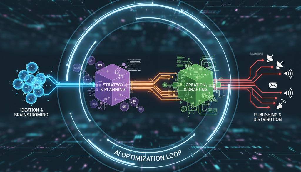 AI workflow automates content creation from brainstorming to distribution.