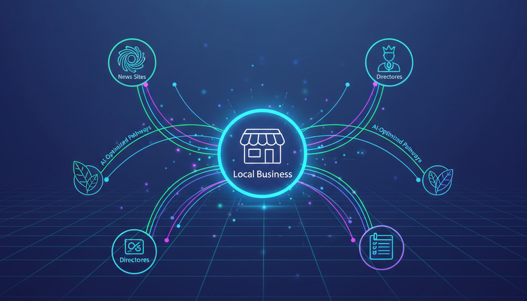 AI network graph connecting a local business to community nodes.