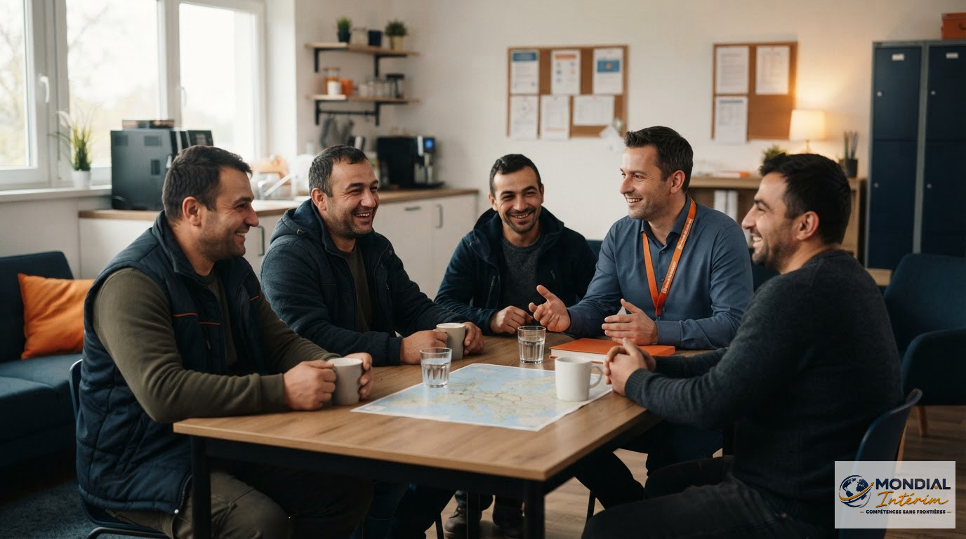 Un groupe de travailleurs discutant joyeusement dans une salle de repos moderne.