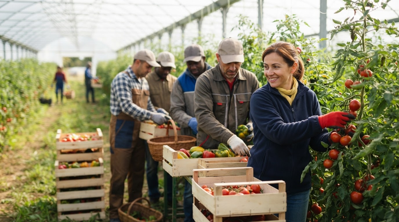 Travailleurs agricoles roumains collaborant lors d'une récolte professionnelle en France.