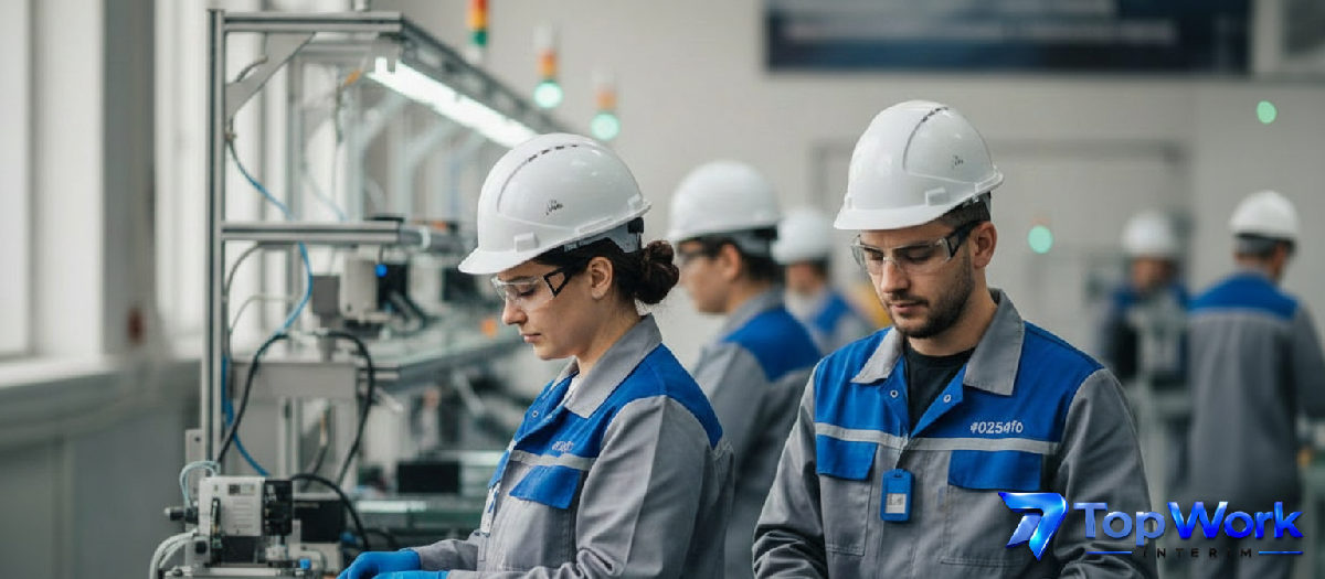 Ouvriers roumains qualifiés sur une ligne de production.