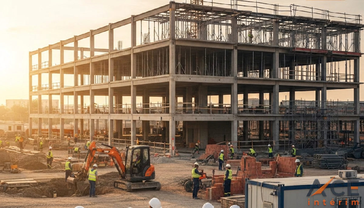 Chantier de construction efficace avec personnel géré par externalisation.