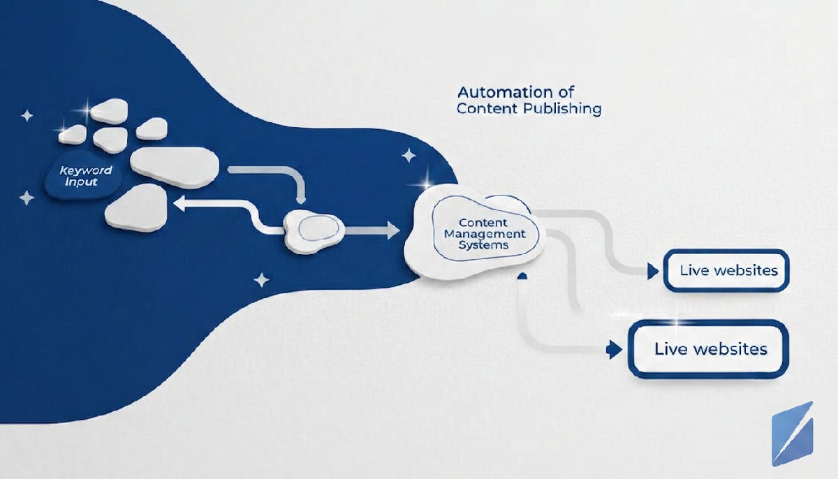Automated content flow from keywords to WordPress and Shopify.
