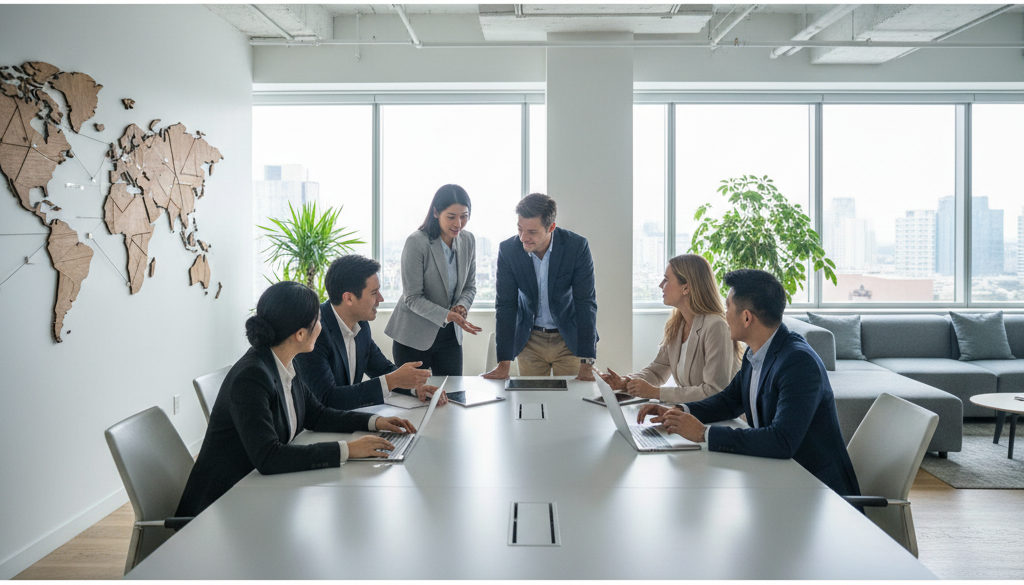 recrutement international guide complet – Équipe multiculturelle dynamique dans un bureau moderne avec cartes du monde.