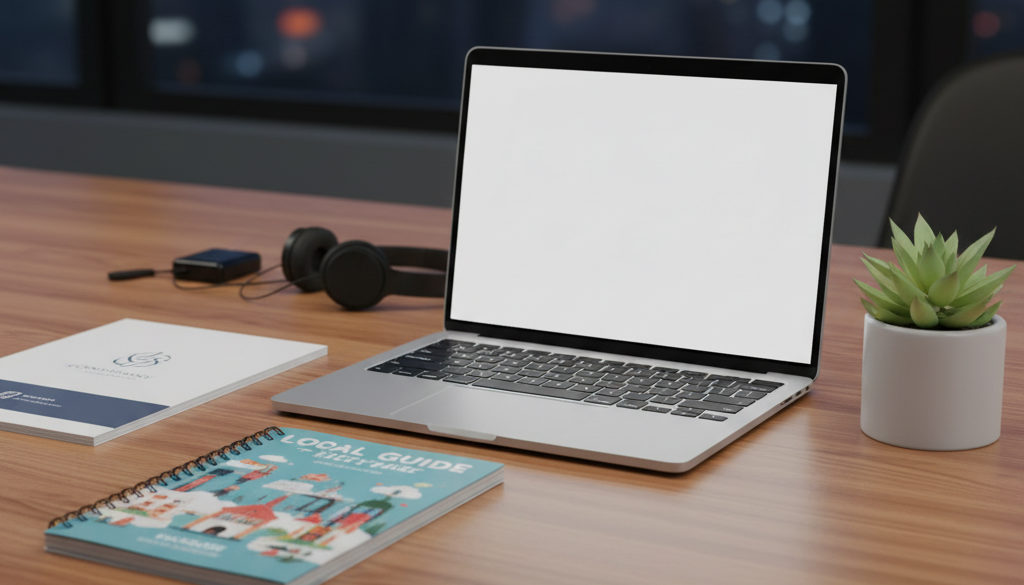 Kit de bienvenue pour un nouvel employé international sur un bureau en bois.