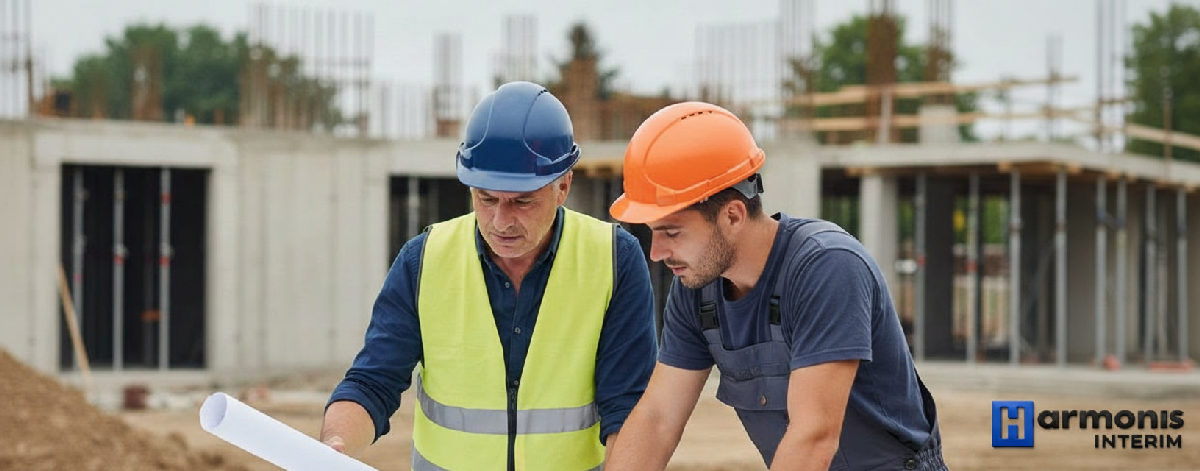 Chef de chantier discutant avec un maçon roumain sur un plan.
