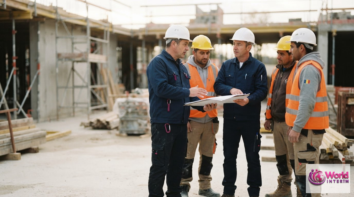 Un chef de chantier donnant des instructions à une équipe de maçons roumains.