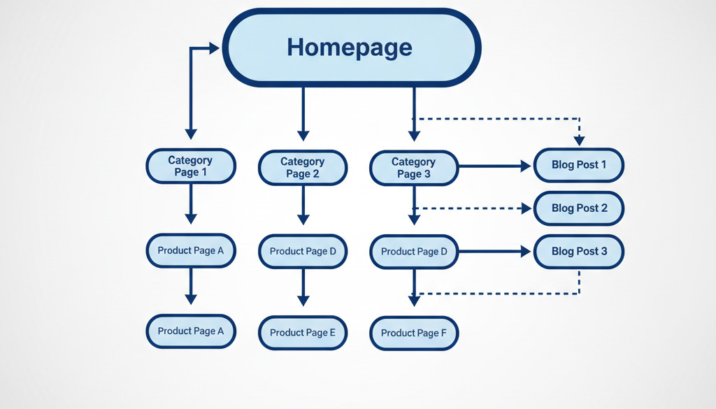 Shopify internal linking flow from homepage to categories, products, and blog.