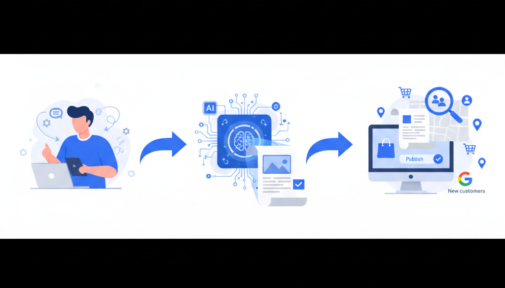 AI content creation workflow: owner to AI to Shopify blog to new customers.
