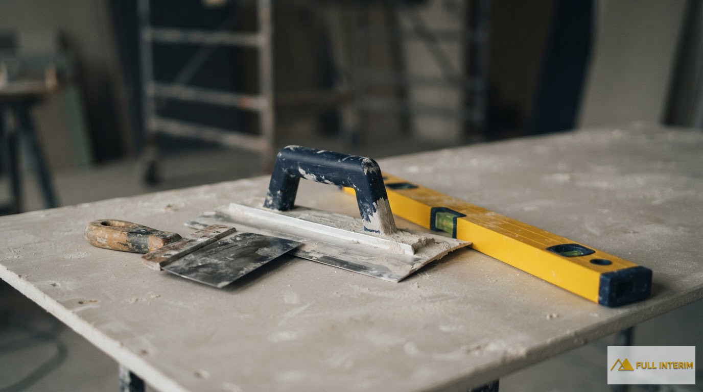 Outils de plaquiste posés sur une plaque de plâtre.