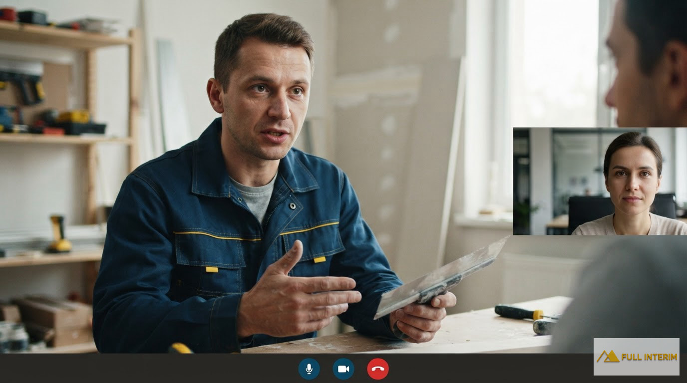 Un candidat roumain en appel vidéo présentant son outillage professionnel.
