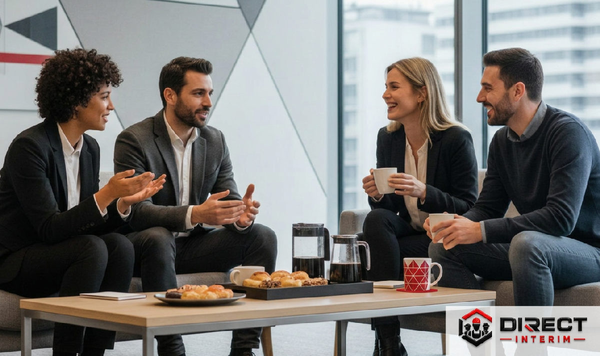 Pause café conviviale entre collègues français et roumains.