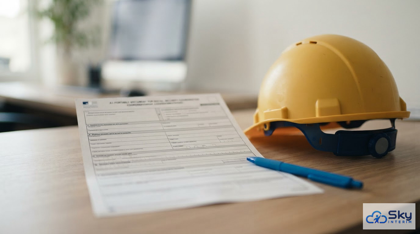Un formulaire A1 et un casque de chantier posés sur un bureau.