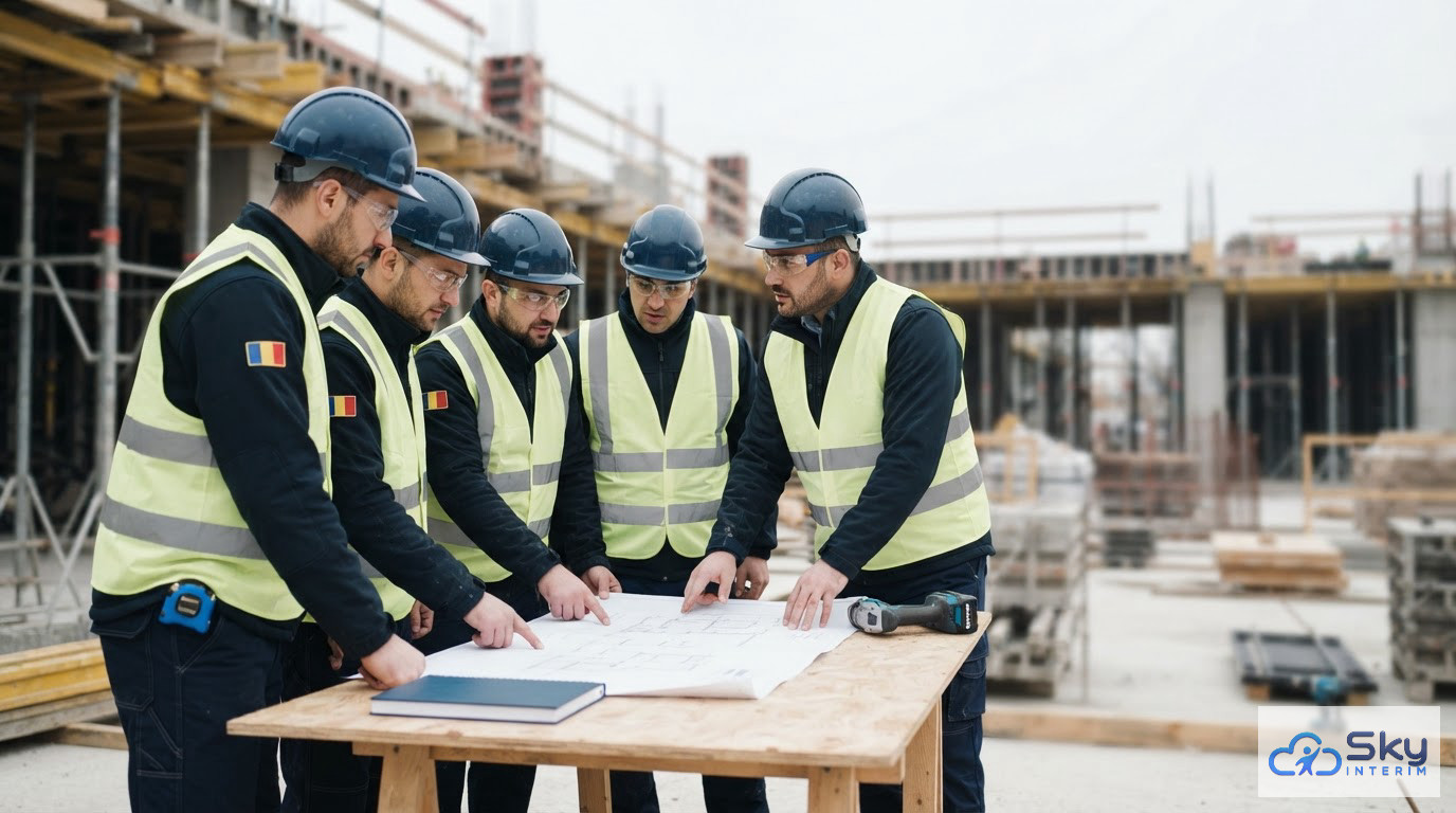 Des ouvriers roumains discutant autour d'un plan sur un chantier sécurisé.