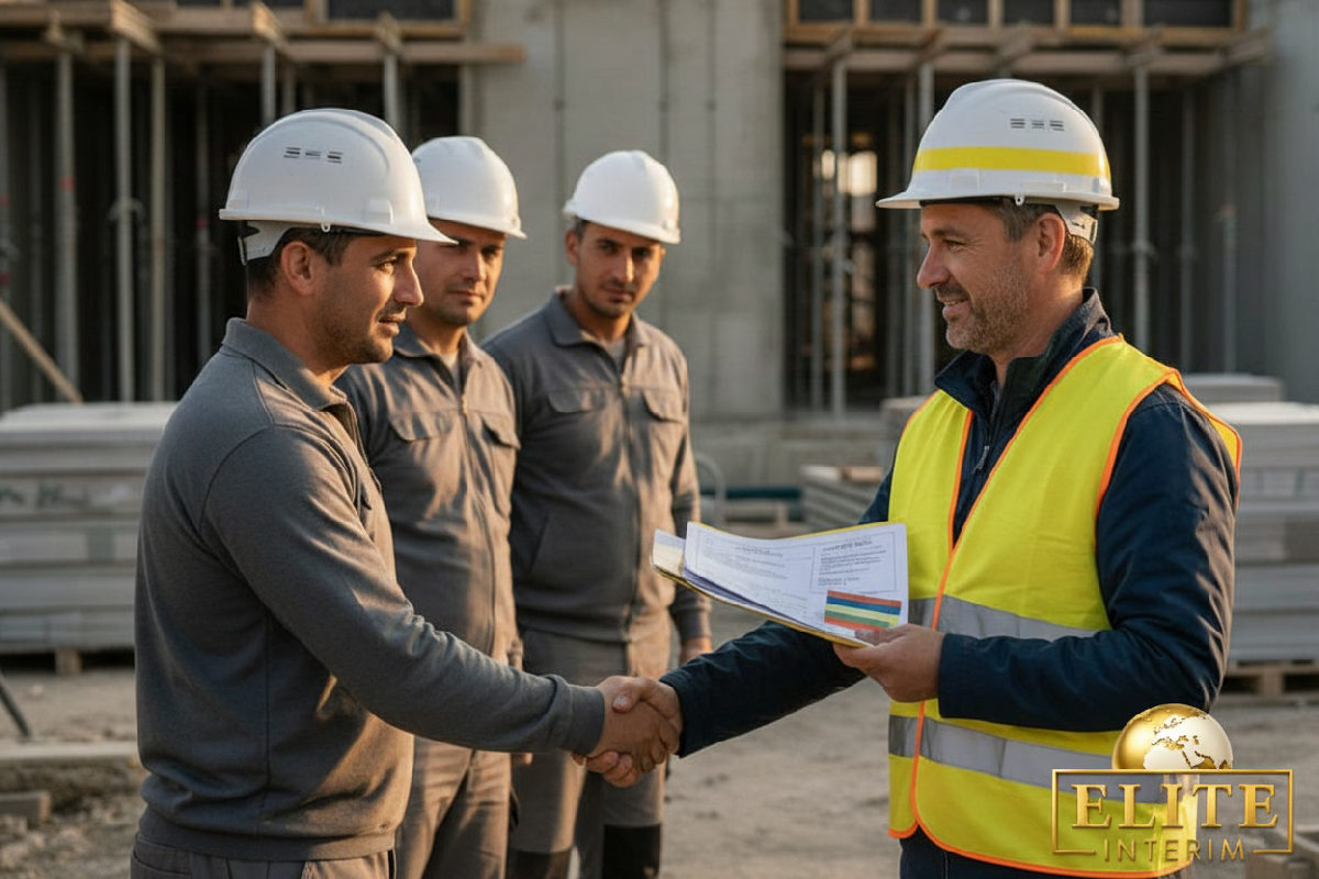 Chef de chantier français accueillant des maçons roumains et leurs papiers.
