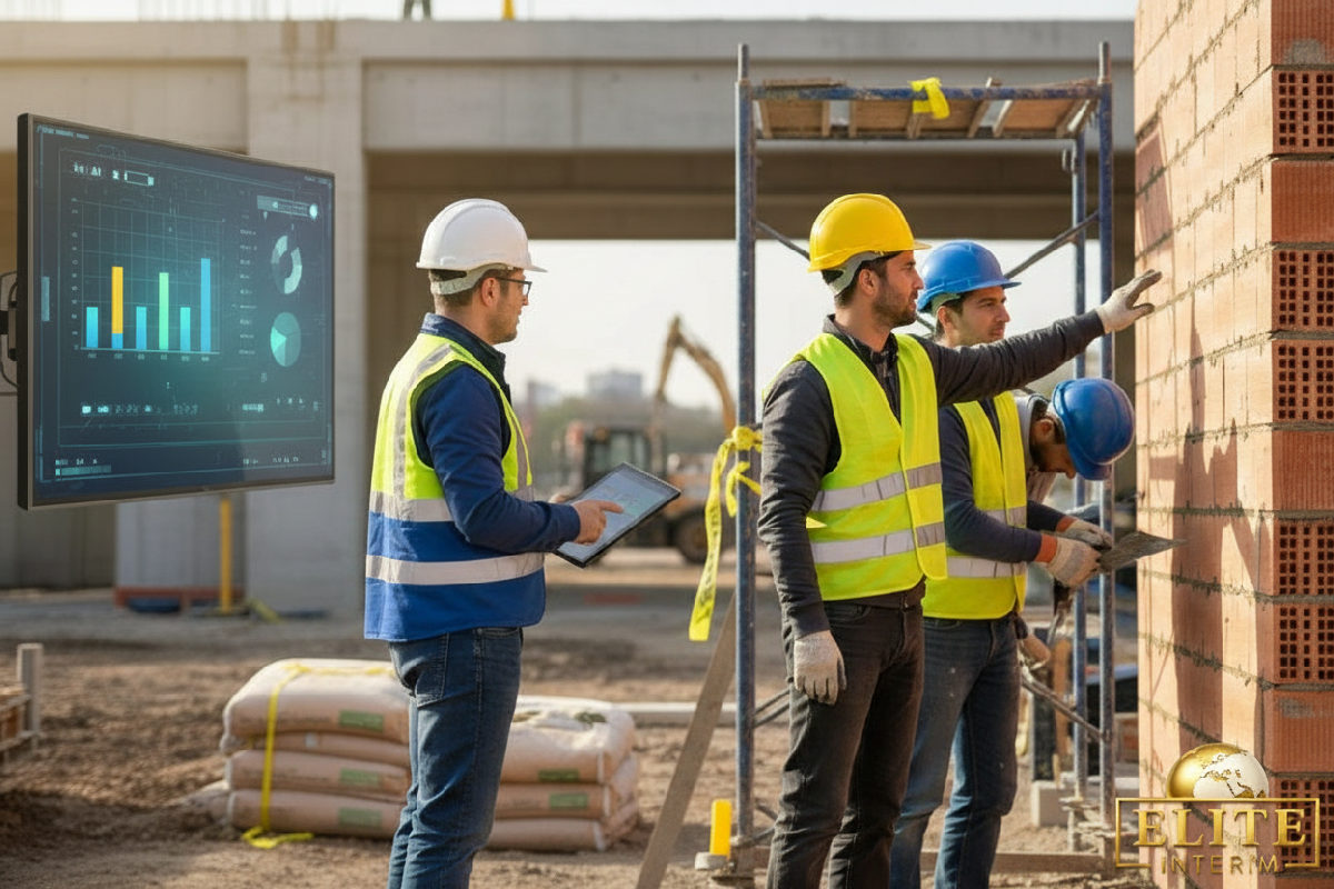 Gestionnaire analysant la productivité de maçons français et roumains travaillant ensemble.