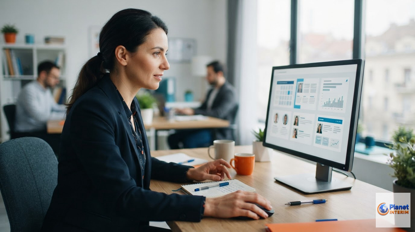 process sélection recrutement roumanie agence - Un recruteur analyse des profils de candidats roumains sur un écran.