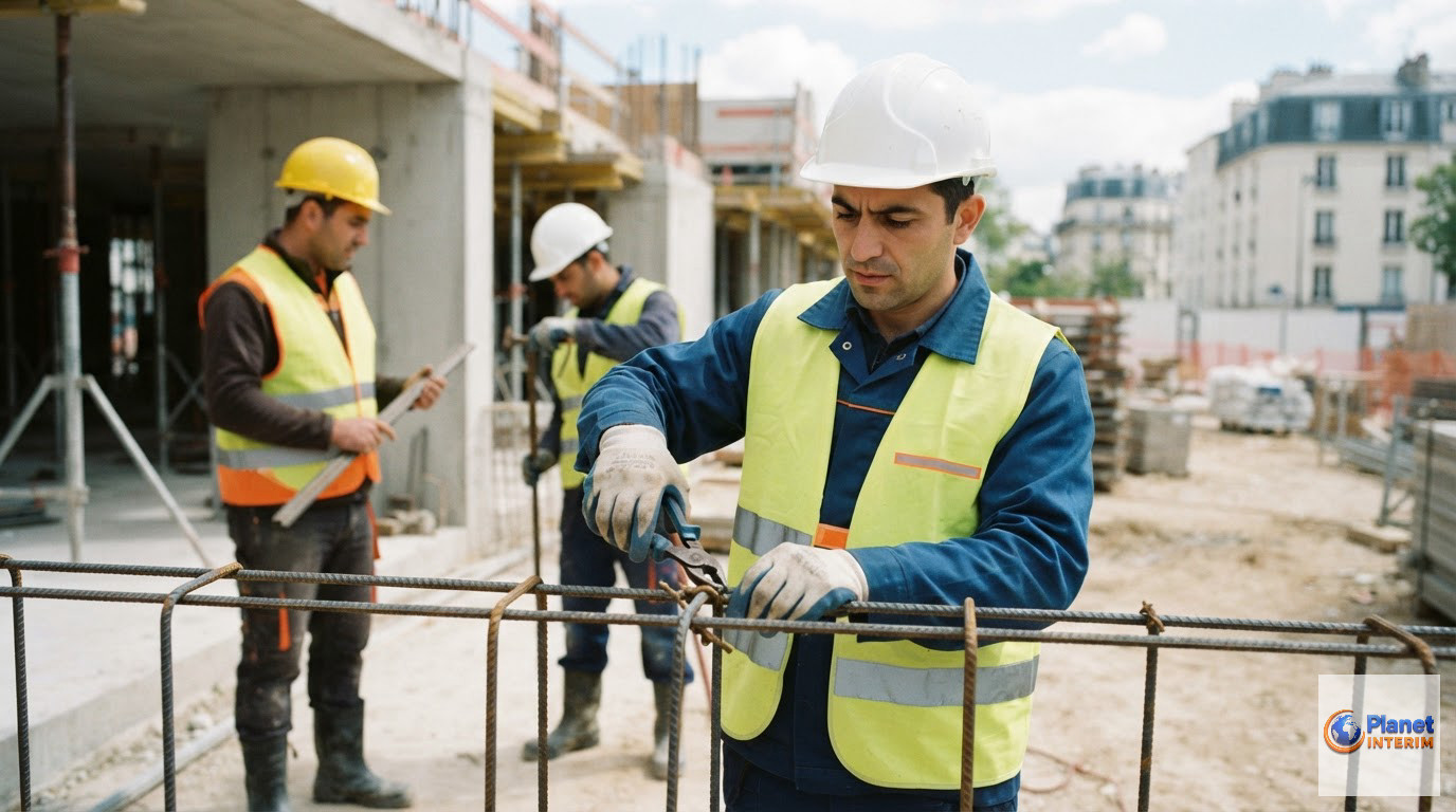 Ouvriers roumains qualifiés travaillant sur un chantier de construction en France.