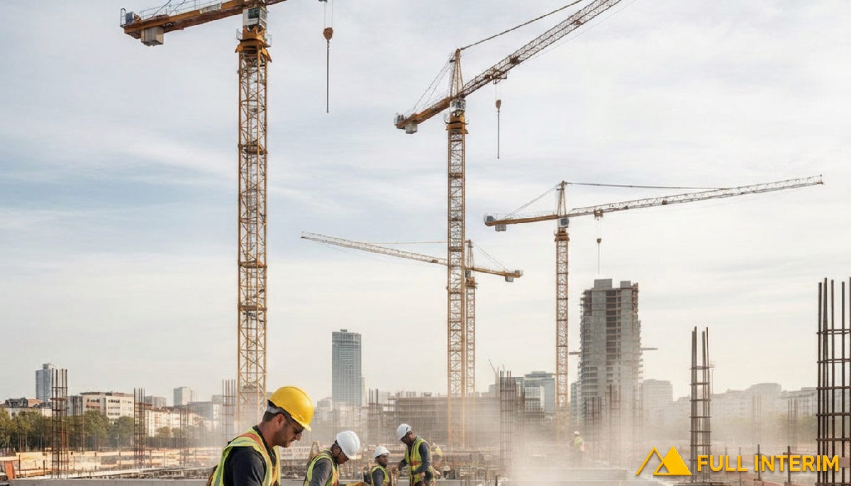 détachement personnel BTP grands projets Lyon - Chantier d'envergure à Lyon, grue et ouvriers actifs.
