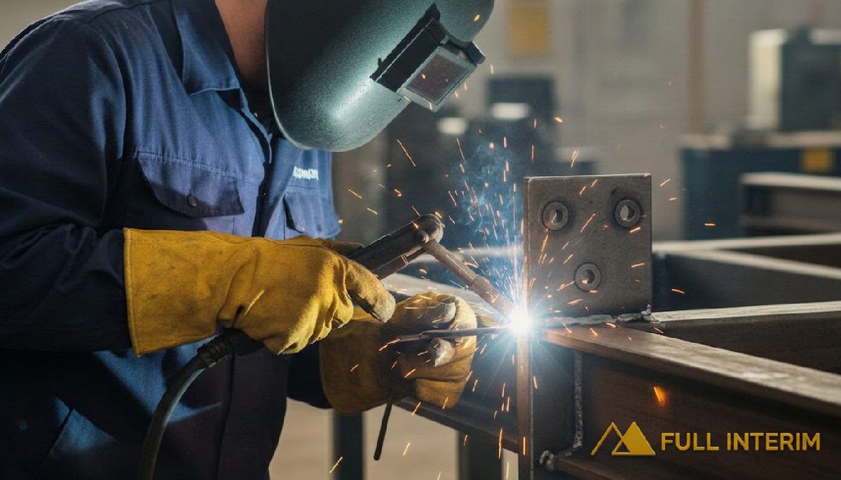 Technicien qualifié soudant une structure métallique.