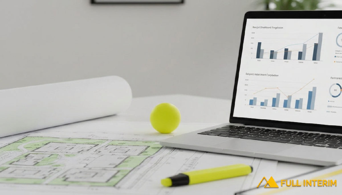 Bureau de projet : plans, ordinateur et graphiques de progression.