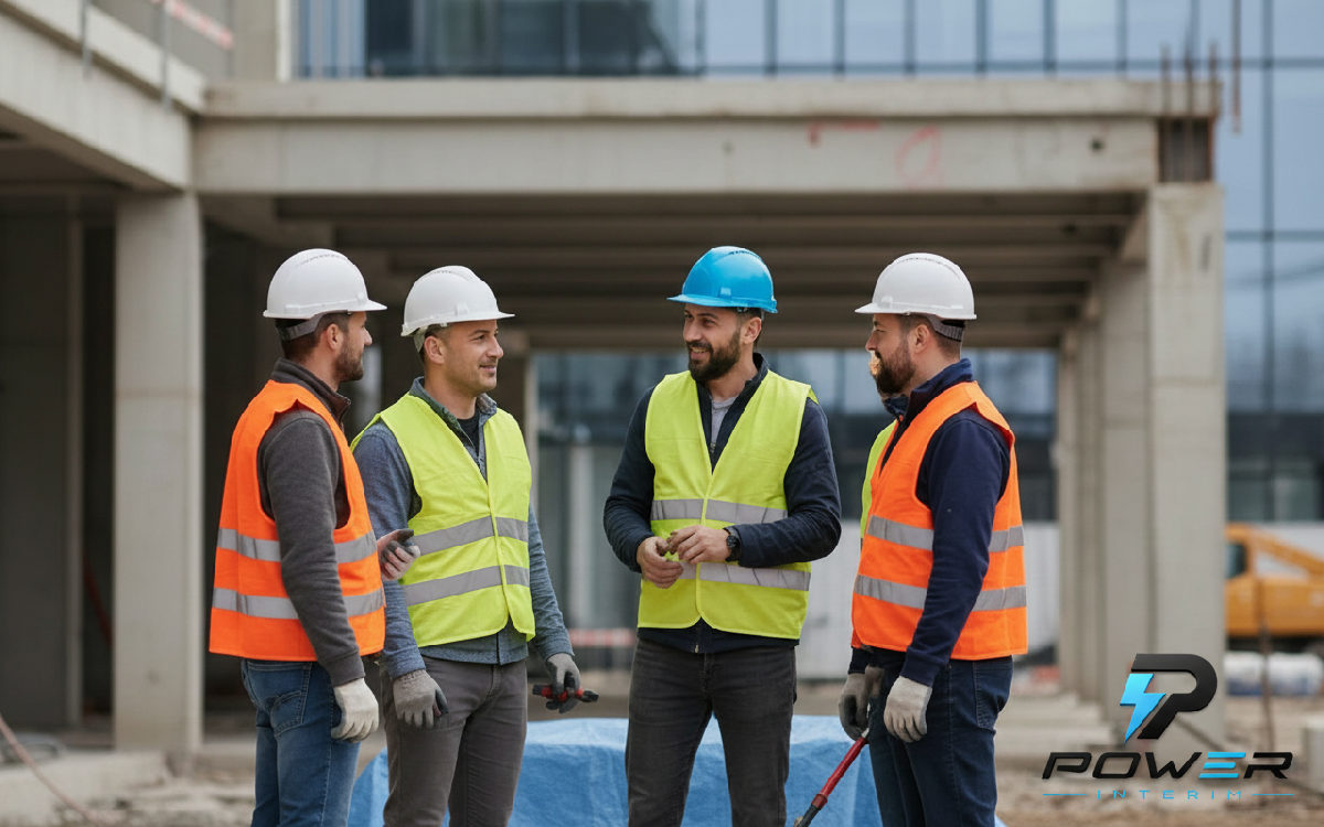 Équipe franco-roumaine collaborant sur un chantier moderne.