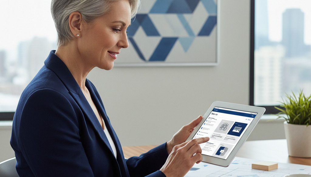 Satisfied business owner reviews AI-generated blog post on tablet.