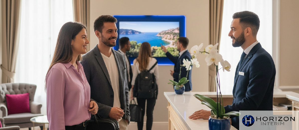 formation saisonniers roumains hôtellerie France - Lobby d'hôtel luxueux avec réceptionniste et clients accueillis.
