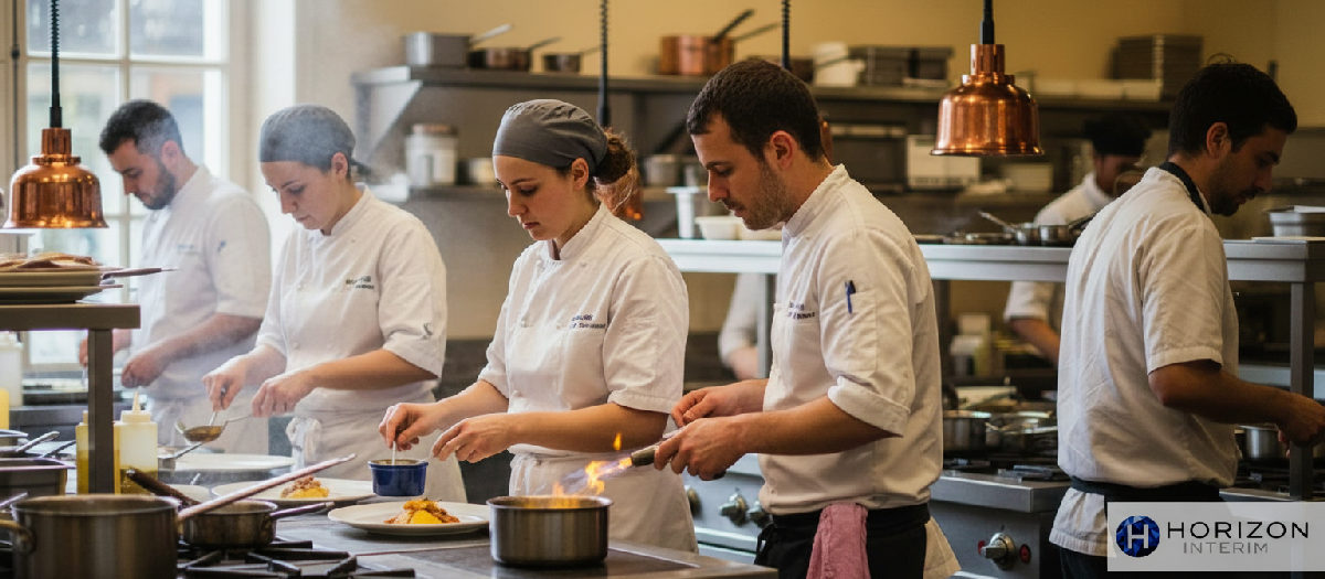 Équipe de cuisine française professionnelle en action dans un restaurant.