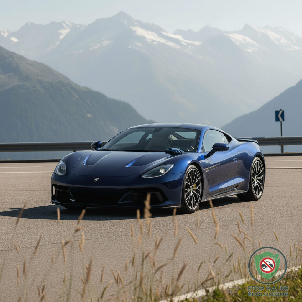 immatriculer voiture en suisse pour éviter malus - Voiture de sport de luxe face aux Alpes suisses.