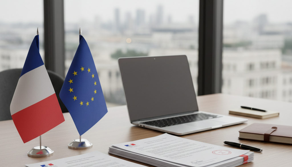 détachement travailleurs France guide – Bureau moderne avec drapeaux français et européen, conformité administrative.
