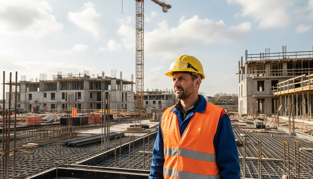 Ouvrier sur un chantier français, casque et gilet de sécurité.