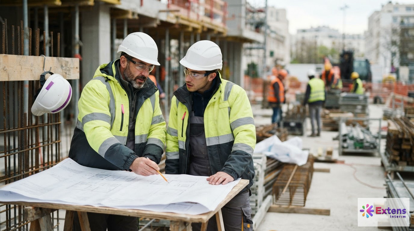 Ouvriers qualifiés examinant des plans sur un chantier de construction.