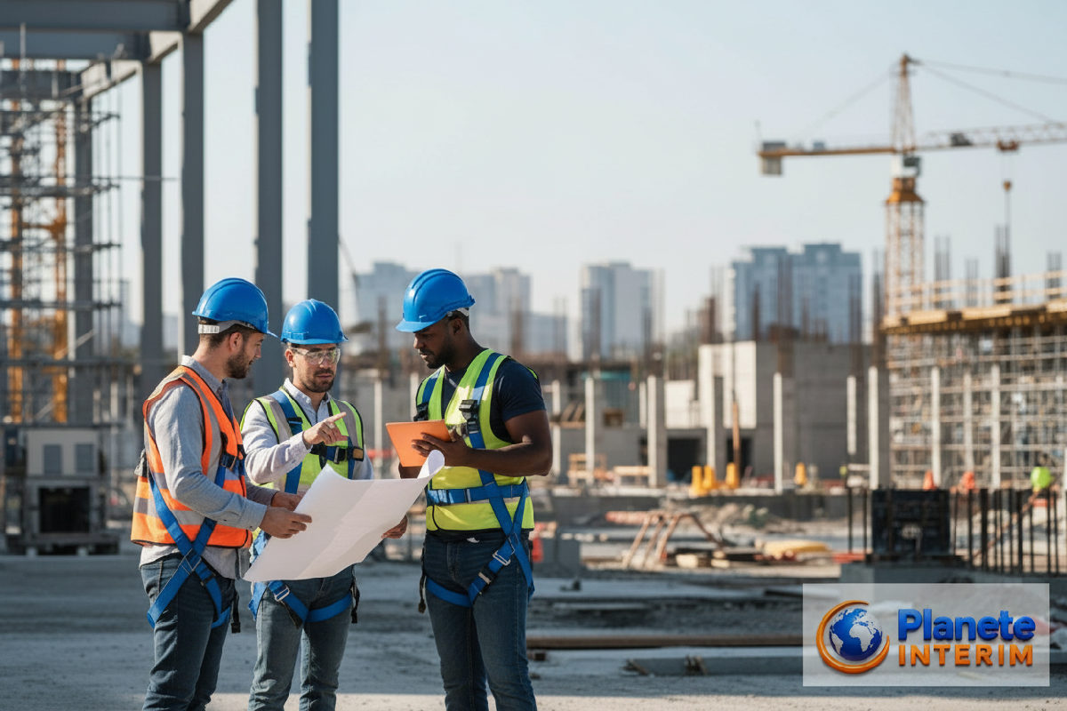 agence de recrutement roumaine avantages - Travailleurs qualifiés sur un chantier de construction moderne.