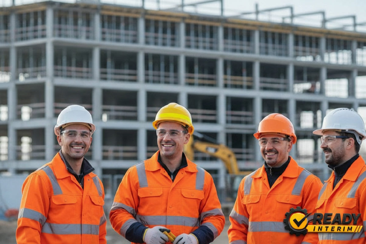 Travailleurs roumains souriants sur un site de construction en France.