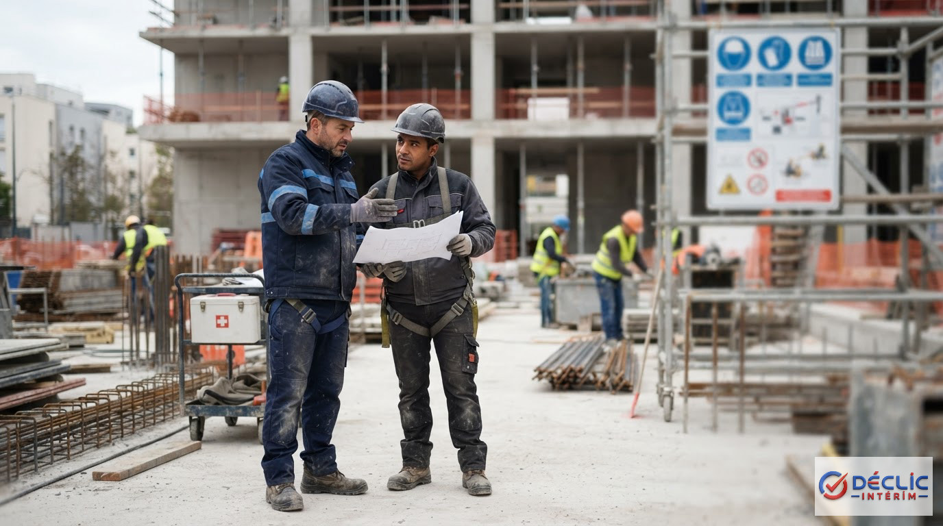 Ouvriers français et roumains travaillant ensemble sur un chantier de construction sécurisé.