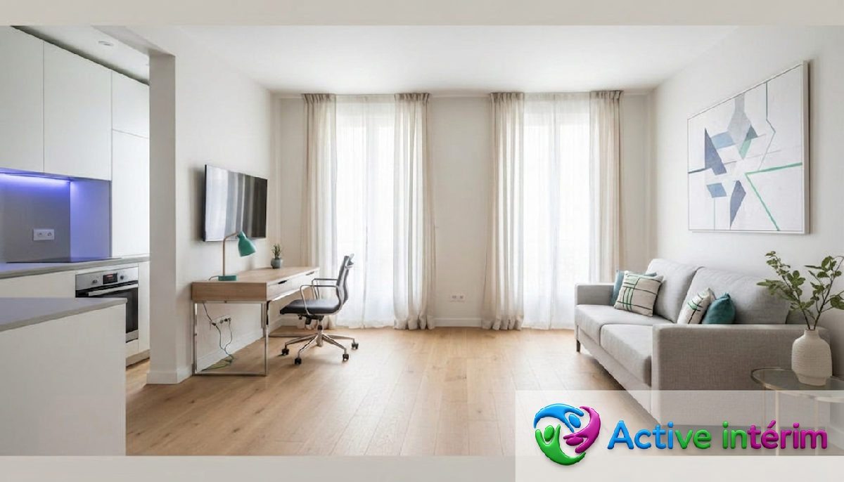 Intérieur d'appartement moderne, logement décent pour travailleurs internationaux.