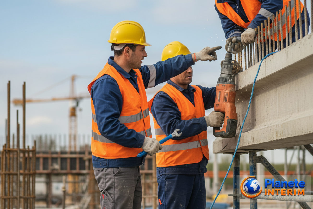 recrutement intérimaires roumains en france - Ouvriers roumains en tenue de sécurité sur un chantier français.