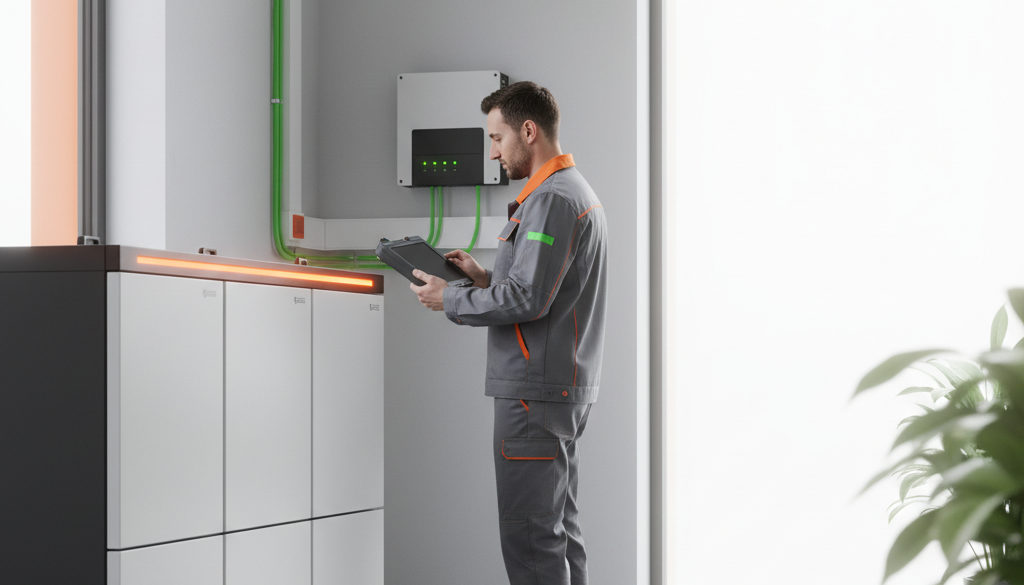 Technik kontroluje bateriové úložiště a střídač v technické místnosti.