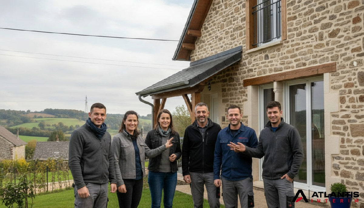 Travailleurs roumains souriants devant leur nouveau logement en France.