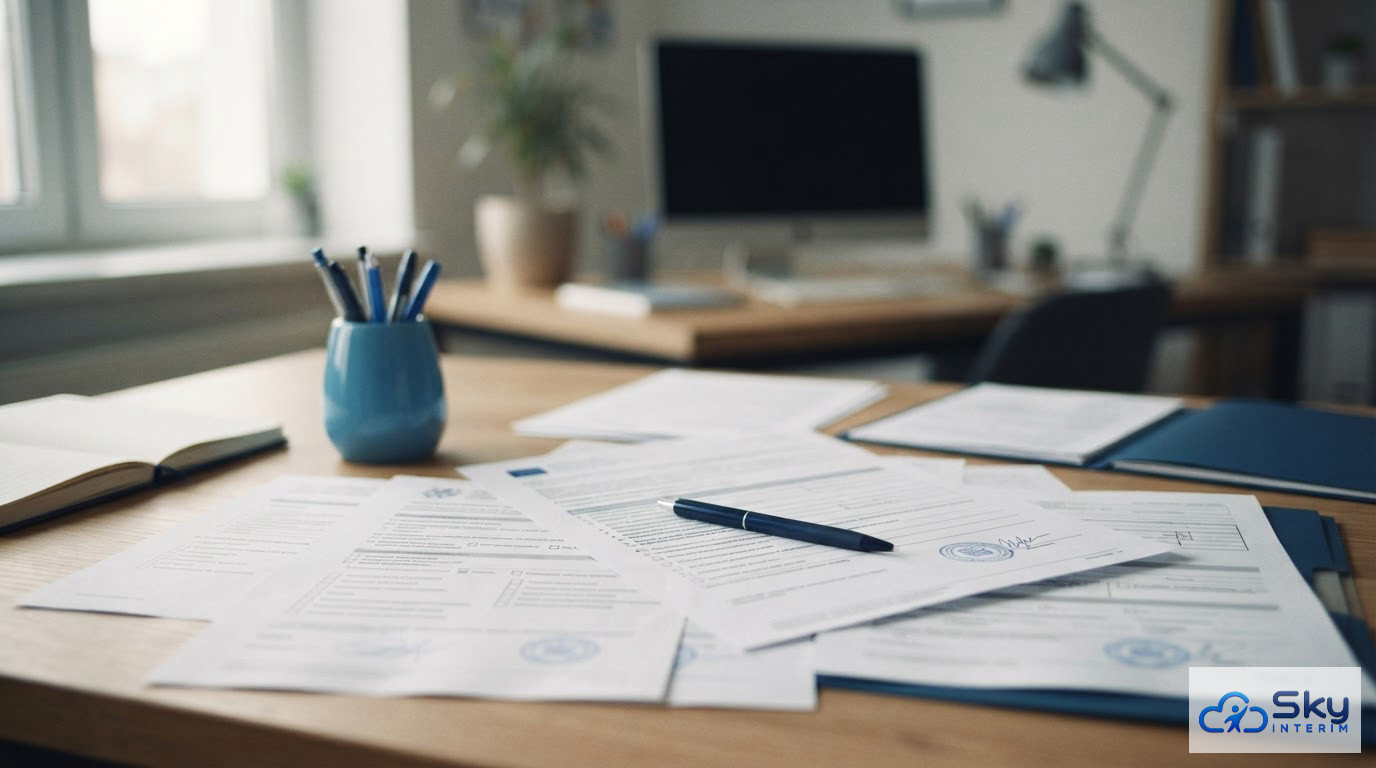 Bureau administratif avec documents juridiques européens et un stylo pour le recrutement.