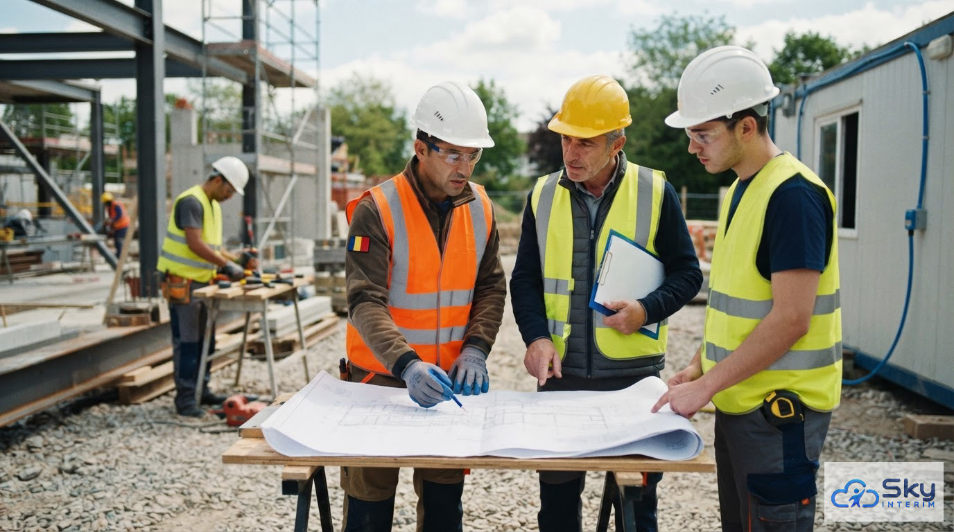 Une équipe diversifiée d'ouvriers en chantier discutant autour de plans de construction.