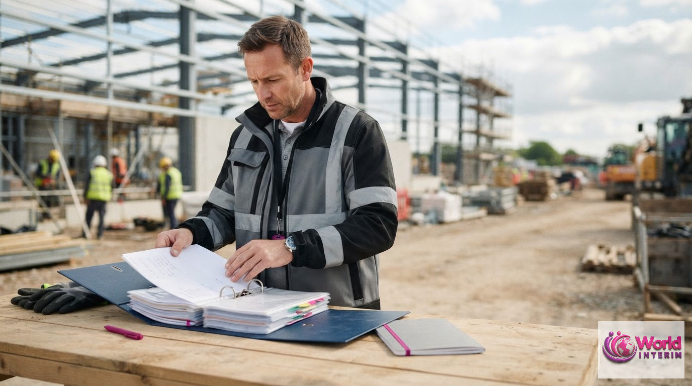 Un chef de chantier organise un classeur de documents pour un détachement roumain.