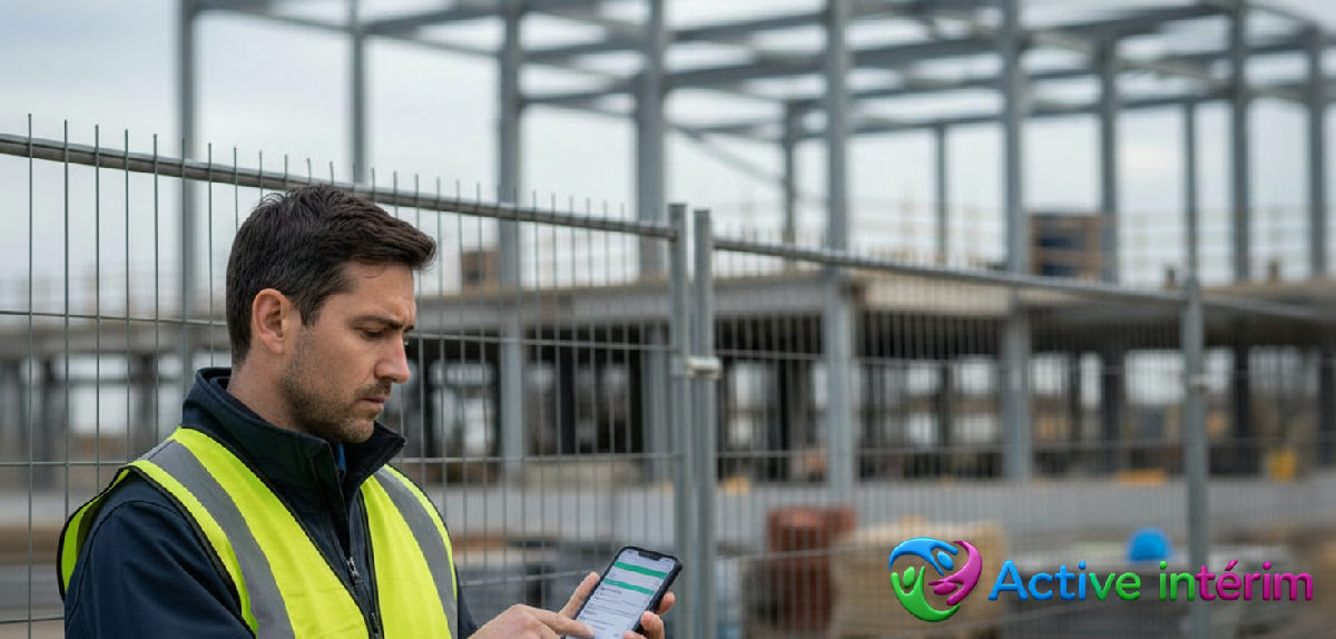 Agent vérifiant une déclaration SIPSI sur smartphone devant un chantier.