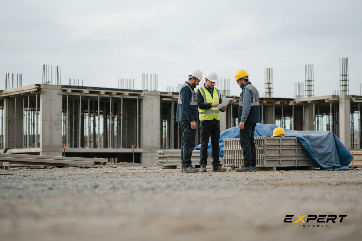 Réunion de sécurité sur un chantier avec des ouvriers en pleine discussion.